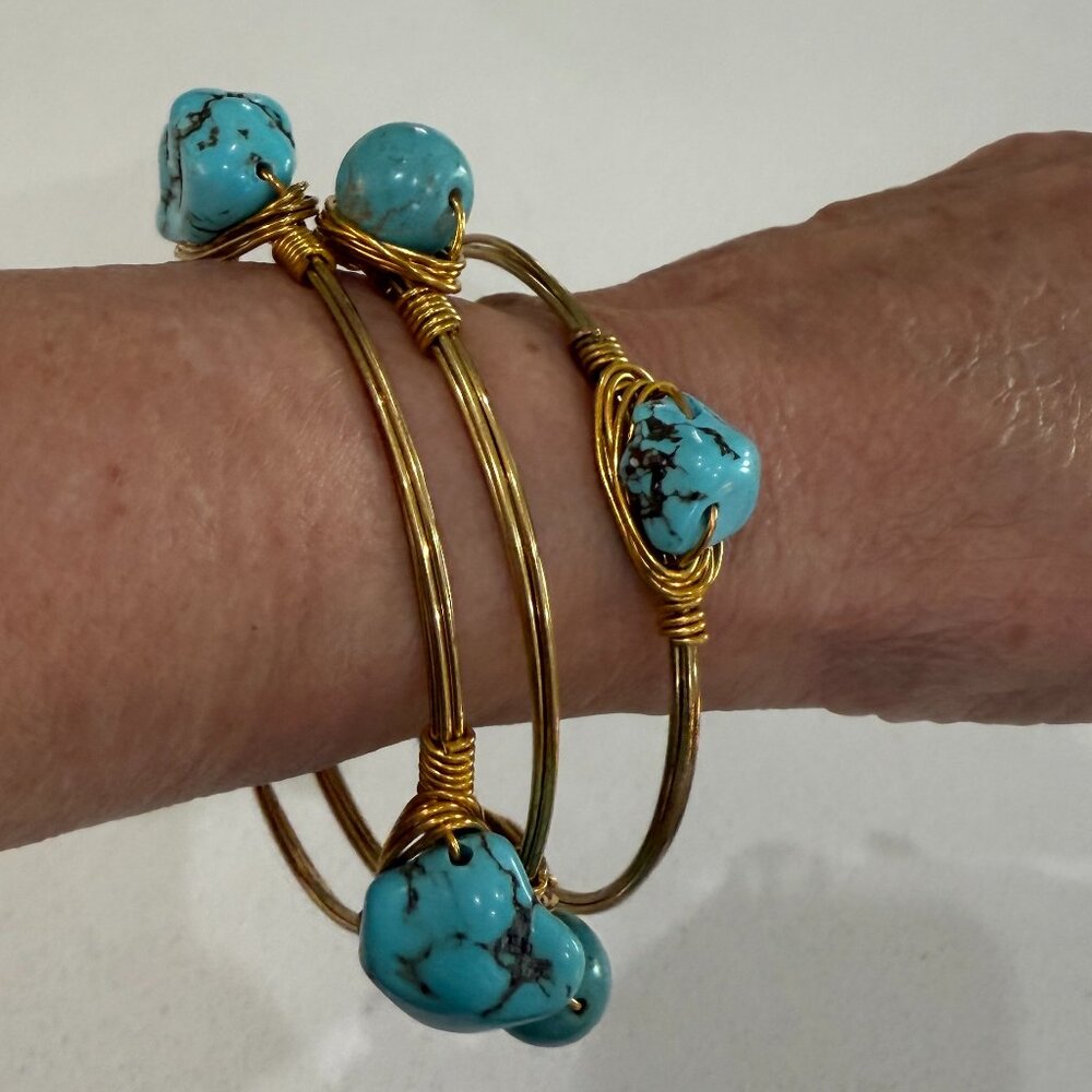 Dyed Howlite Turquoise Blue Stone Wire Wrapped Bangle Bracelet Set Boho
